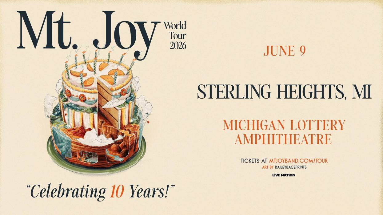 Mt. Joy 10-Year Tour 2026 poster: birthday cake art. Sterling Heights, MI; June 9.