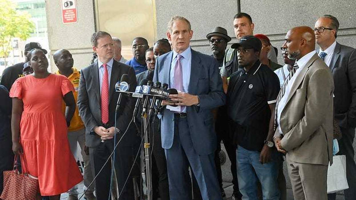 MTA Chair and CEO Janno Lieber, NYC Transit President Richard Davey, Senior Advisor Shanifah Rieara, TWU President Tony Utano, TWU VP Robert Kelley, and NYC Transit Cleaner Anthony Nelson and family at news conference following the court proceeding that included the unsealing of an indictment charging Alexander Wright with assault.