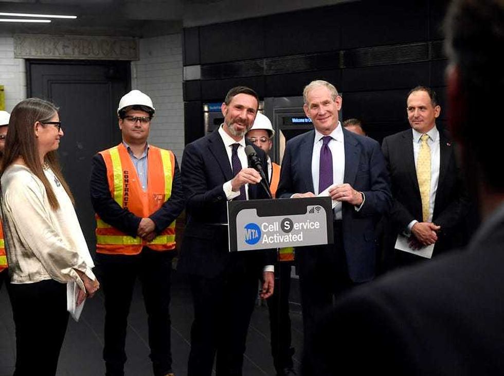 MTA Chair & CEO Janno Lieber and MTA Construction & Development President Jamie Torres-Springer at Times Sq-42 St announce the activation of 5G wireless service in the 42 St Shuttle tunnel and the launch of a project with Boldyn Networks to expand connectivity throughout the transit system on Wednesday, Sep 4, 2024.