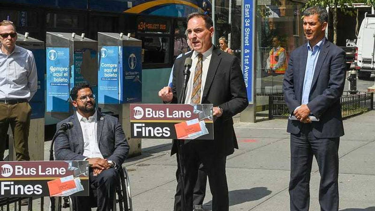 MTA NYC Transit Senior VP of Buses Frank Annicaro, NYC DOT Commissioner Ydanis Rodriguez and MTA Chief Accessibility Officer Quemuel Arroyo hold a press conference in Manhattan on Aug. 15, 2024 to announce that ACE aboard buses will start issuing fines to drivers who impede bus flow.