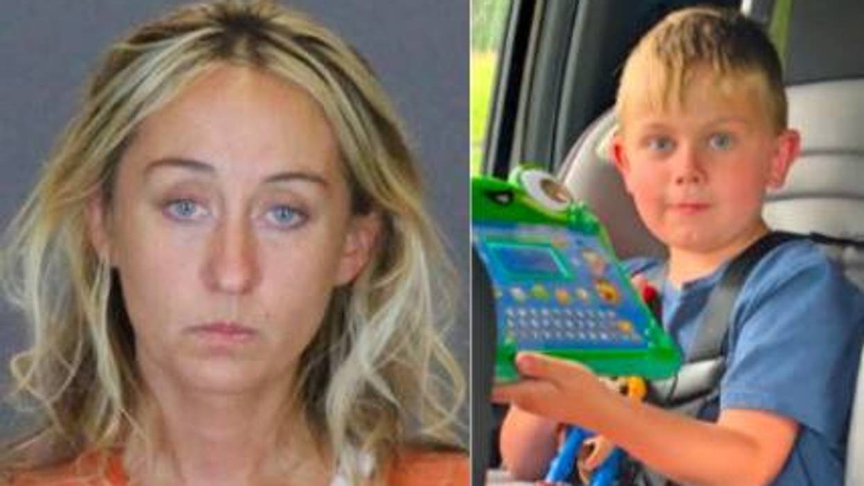 Mugshot of a blonde woman and a young boy in a car seat holding a green toy.
