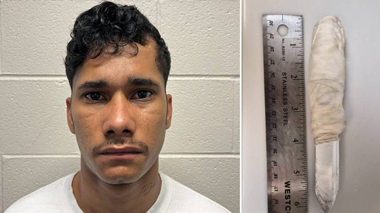 Mugshot of Jose Medina, 26, and homemade shank with cloth handle, shown next to a ruler.