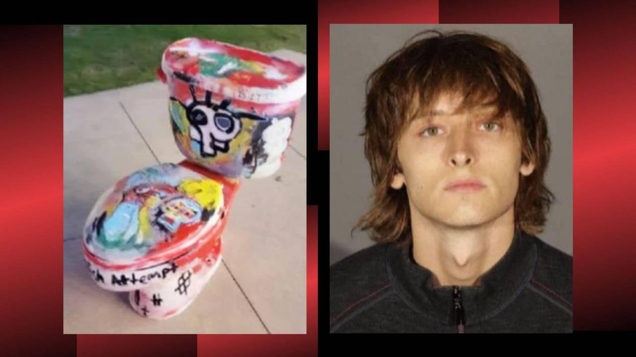 mugshot of young man and toilet covered in paint