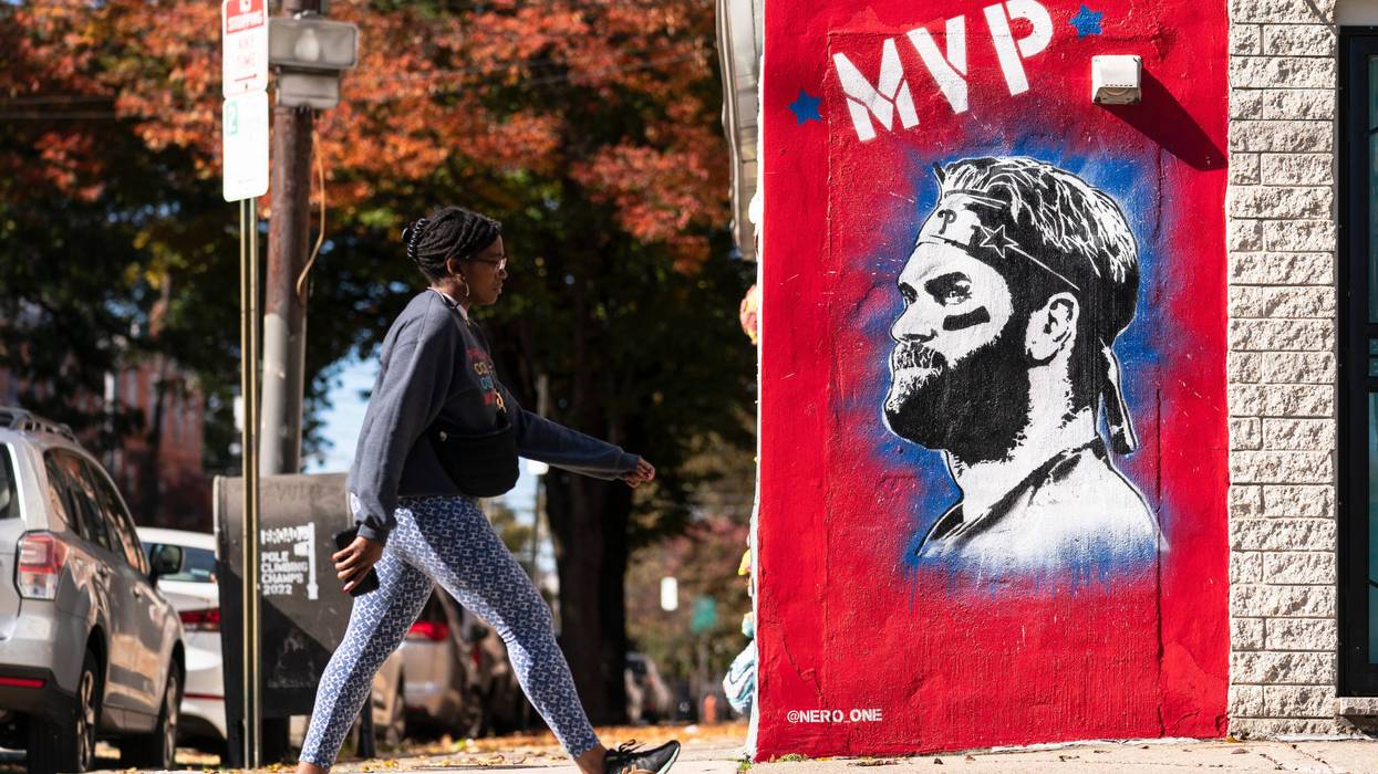 mural of Philadelphia Phillies designated hitter Bryce Harper