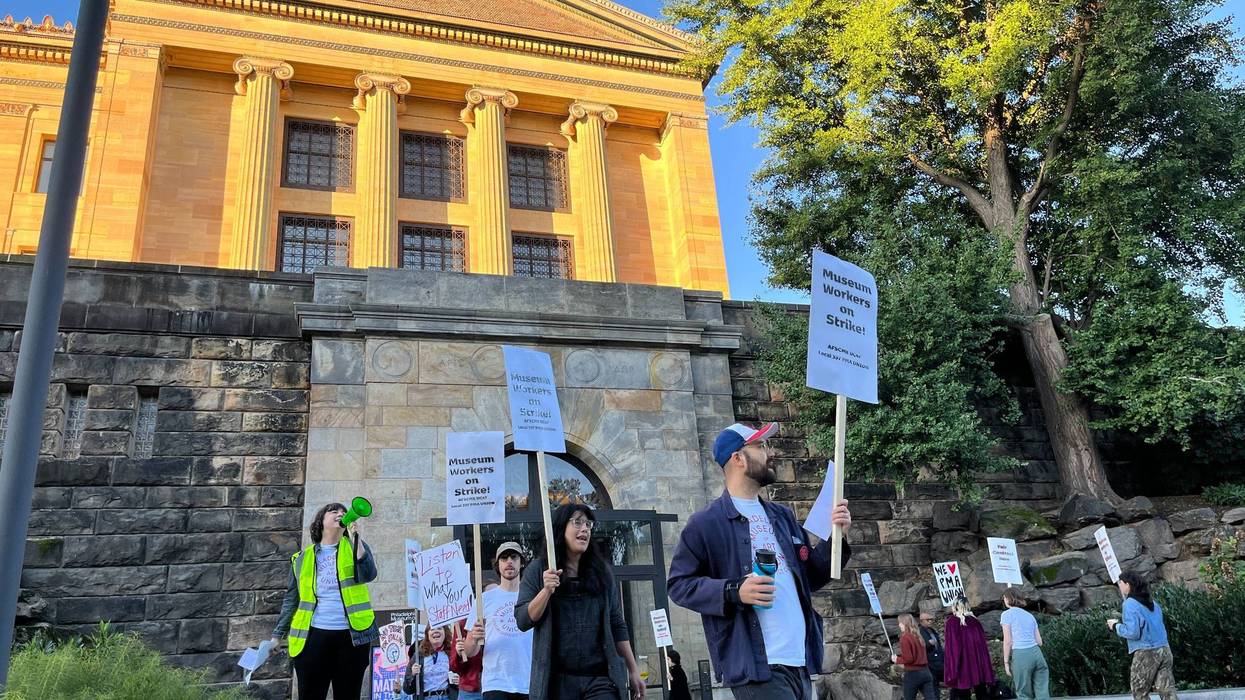 Museum workers go on strike outside the Philadelphia Museum of Art on Sept. 26, 2022.