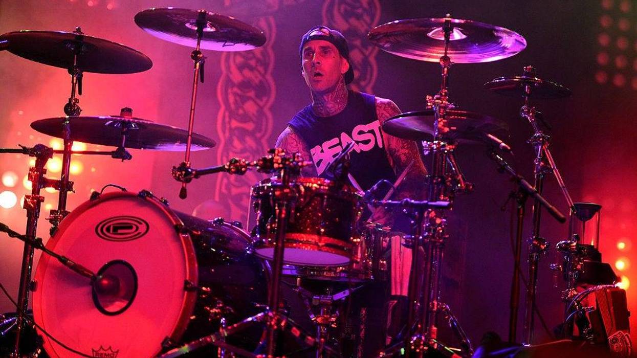 Musician Travis Barker performs with Run the Jewels onstage during day 2 of the 2015 Coachella Valley Music & Arts Festival (Weekend 1) at the Empire Polo Club on April 11, 2015 in Indio, California.
