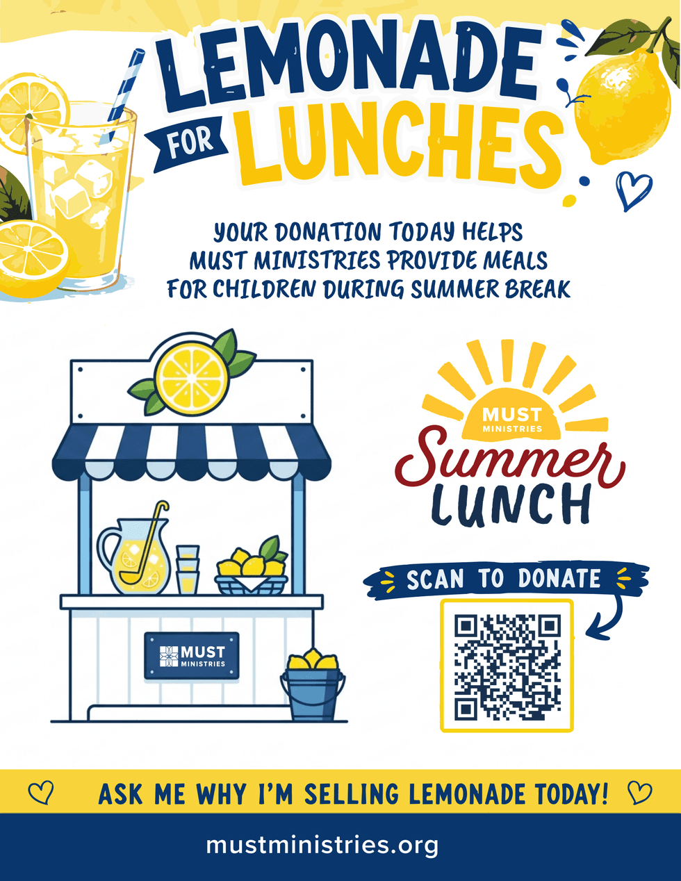 MUST Ministries 'Lemonade for Lunches' campaign flyer: Fundraise to feed hungry kids this summer.