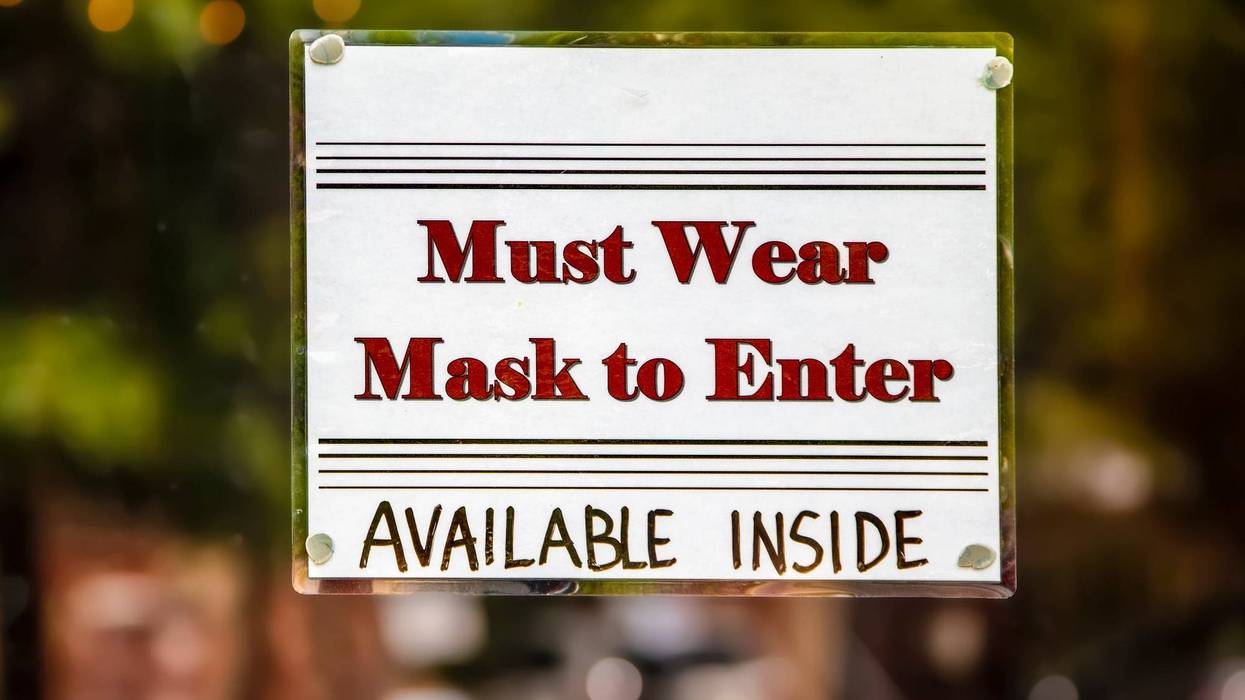 Must wear mask to enter Available inside - homemade sign on door