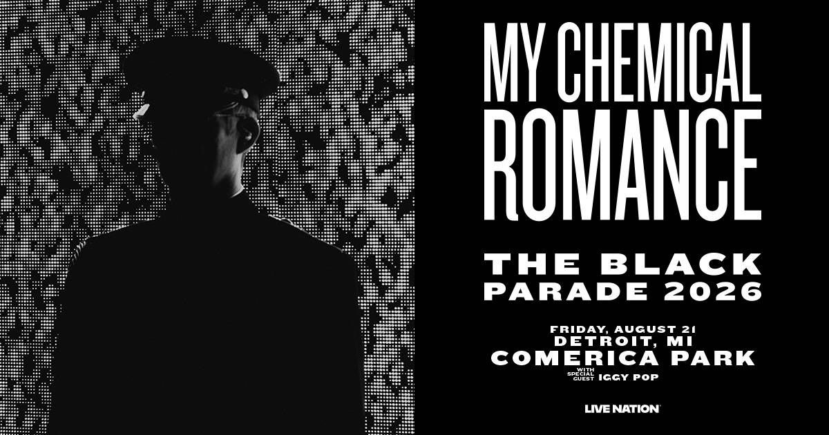 My Chemical Romance Black Parade 2026 tour poster with Iggy Pop, featuring man in cap silhouette.