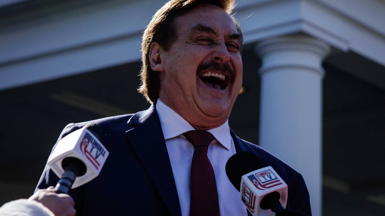 My Pillow CEO Mike Lindell records a video for his web show “Lindell TV” in front of the West Wing of the White House on February 21, 2025 in Washington, D.C.