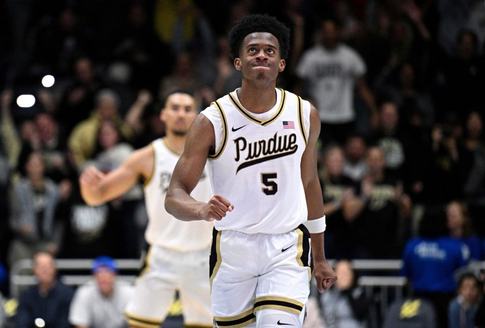 Myles Colvin #5 of the Purdue Boilermakers celebrates after a basket /aol during the second half in the Rady Children