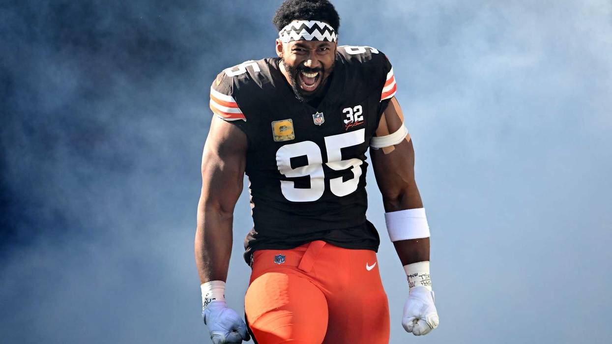 Myles Garrett #95 of the Cleveland Browns is introduced before the game against the Pittsburgh Steelers at Cleveland Browns Stadium on November 19, 2023 in Cleveland, Ohio.