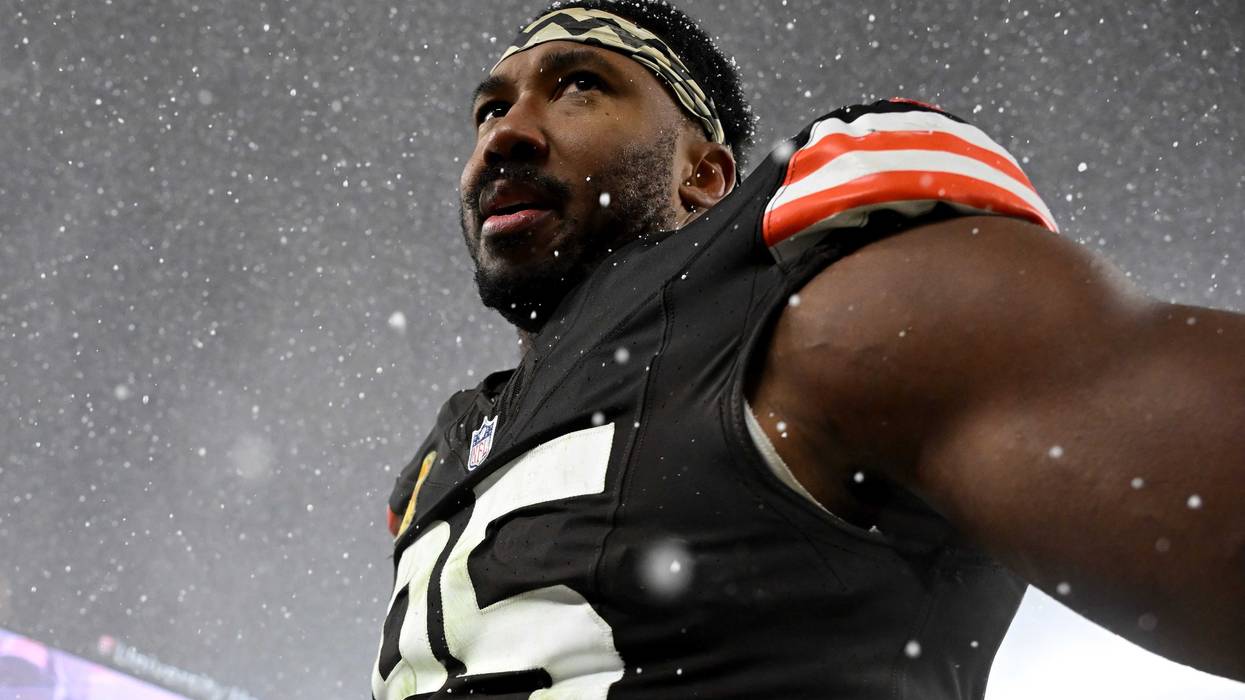 Myles Garrett #95 of the Cleveland Browns looks on after defeating the Pittsburgh Steelers in the game at Huntington Bank Field on November 21, 2024 in Cleveland, Ohio.
