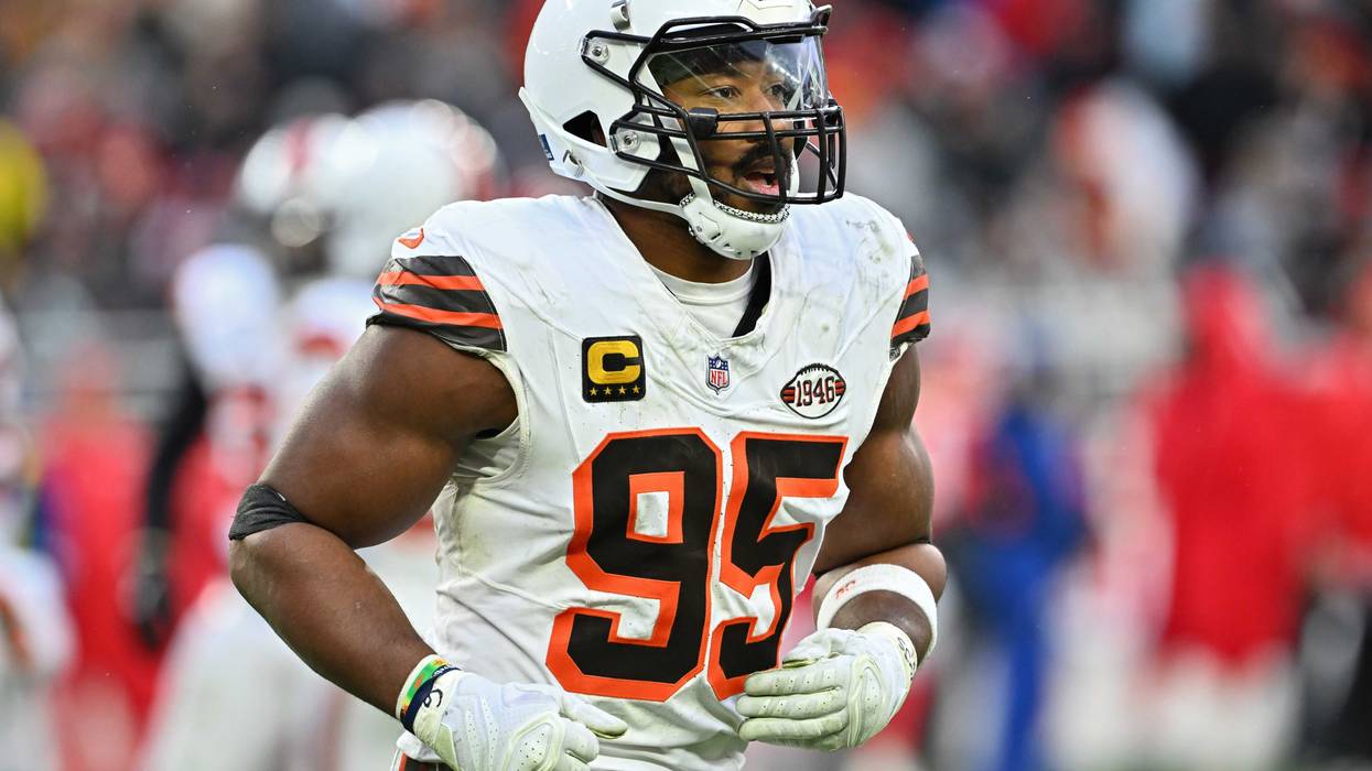 Myles Garrett #95 of the Cleveland Browns looks on during the fourth quarter against the Kansas City Chiefs at Huntington Bank Field on December 15, 2024 in Cleveland, Ohio.