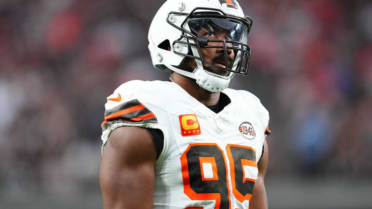 Myles Garrett #95 of the Cleveland Browns looks on in the second quarter against the Las Vegas Raiders at Allegiant Stadium on September 29, 2024 in Las Vegas, Nevada.