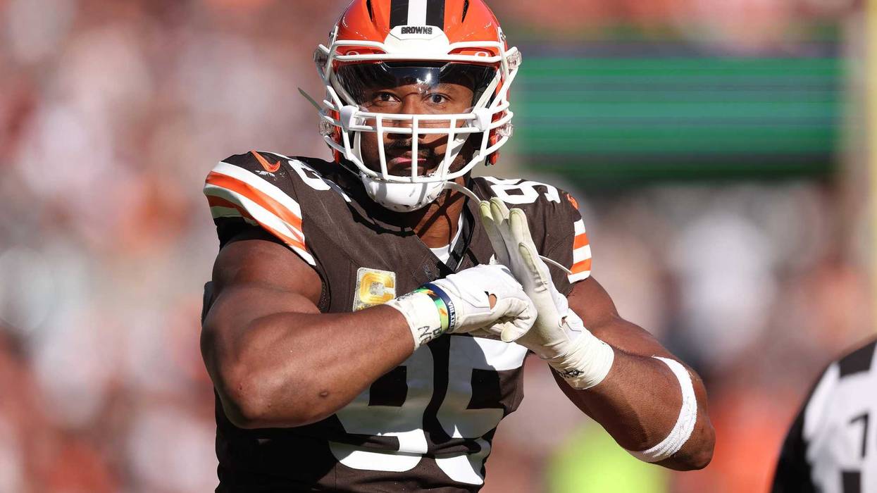 Myles Garrett #95 of the Cleveland Browns plays against the Los Angeles Chargers at Cleveland Browns Stadium on November 03, 2024 in Cleveland, Ohio.
