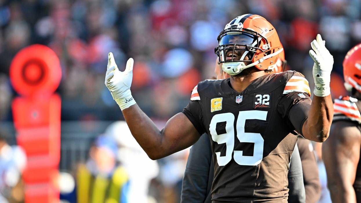Myles Garrett #95 of the Cleveland Browns reacts during the first quarter against the Arizona Cardinals at Cleveland Browns Stadium on November 05, 2023 in Cleveland, Ohio.