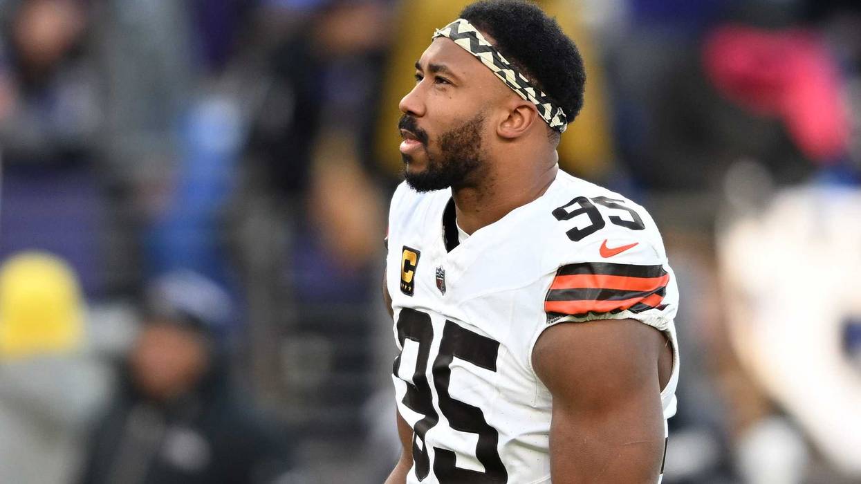 Myles Garrett #95 of the Cleveland Browns warms up before the game against the Baltimore Ravens at M&T Bank Stadium on January 04, 2025 in Baltimore, Maryland.