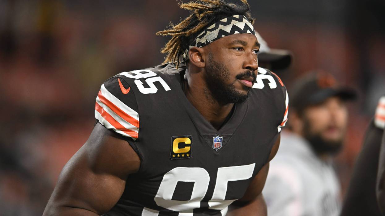 Myles Garrett #95 of the Cleveland Browns warms up prior to facing the Cleveland Browns at FirstEnergy Stadium on Sept. 22, 2022, in Cleveland, Ohio.
