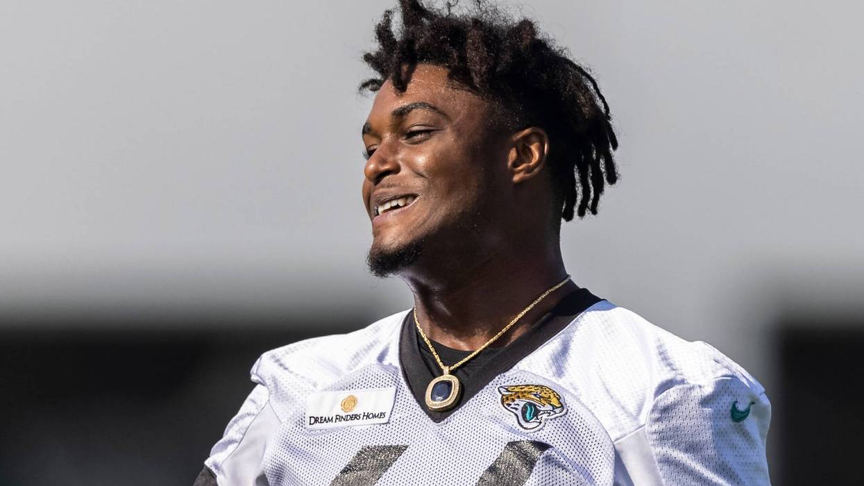 Myles Jack #44 of the Jacksonville Jaguars looks on during training camp at TIAA Bank Field on July 28, 2021 in Jacksonville, Florida. (Photo by James Gilbert/Getty Images)