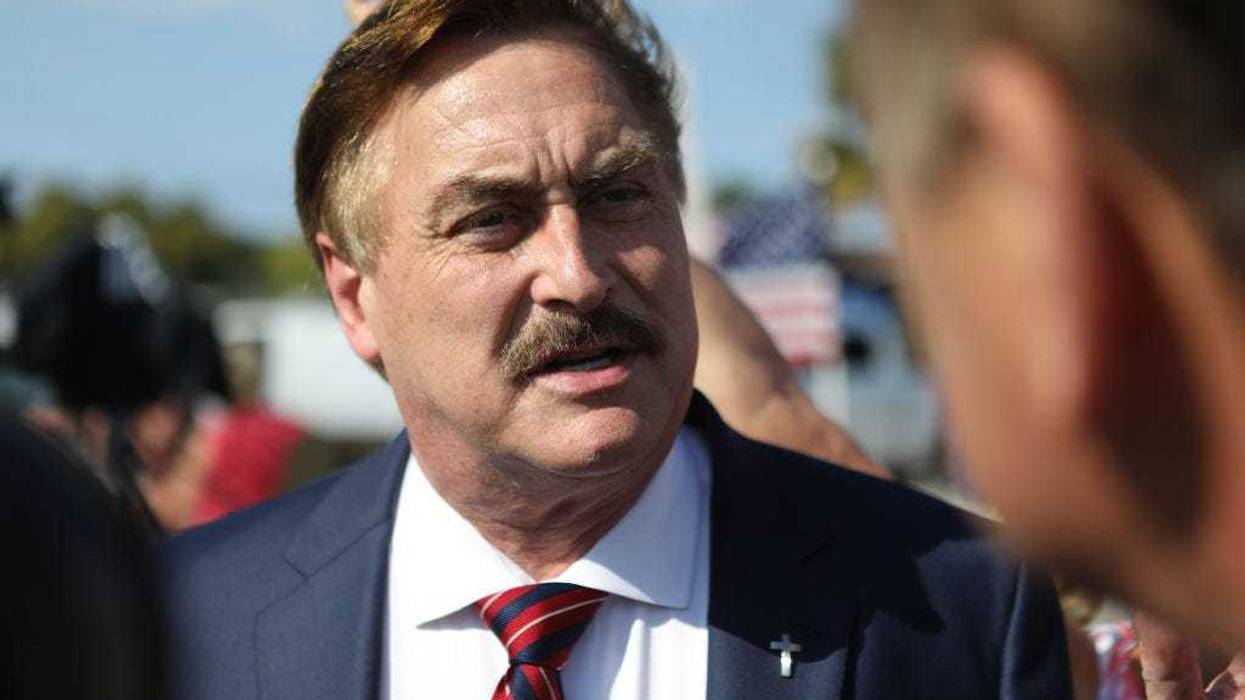 MyPillow Guy CEO Mike Lindell arrives at a gathering of supporters of former U.S. President Donald Trump near Trump's residence at the Mar-a-Lago Club on April 4, 2023 in West Palm Florida.