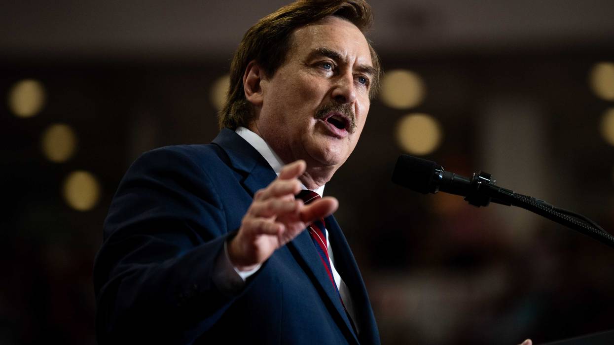 MyPillow's Mike Lindell speaks at a rally featuring U.S. Republican Presidential nominee former President Donald Trump and Republican vice presidential nominee U.S. Sen. J.D. Vance (R-OH) at Herb Brooks National Hockey Center on July 27, 2024 in St Cloud, Minnesota.