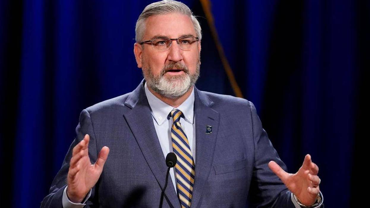 n this Jan. 19, 2021 file photo, Indiana Gov. Eric Holcomb delivers his State of the State address virtually, in Indianapolis. Indiana's attorney general Todd Rokita took aim Friday, May 1, 2021, at Gov. Holcomb's attempt to block a new law giving state legislators more authority to intervene during public emergencies declared by the governor. A lawsuit filed by the Republican governor on Tuesday, April 27, 2001, challenged the law enacted over his veto two weeks ago giving legislative leaders the power to call the General Assembly into what it calls an "emergency session."