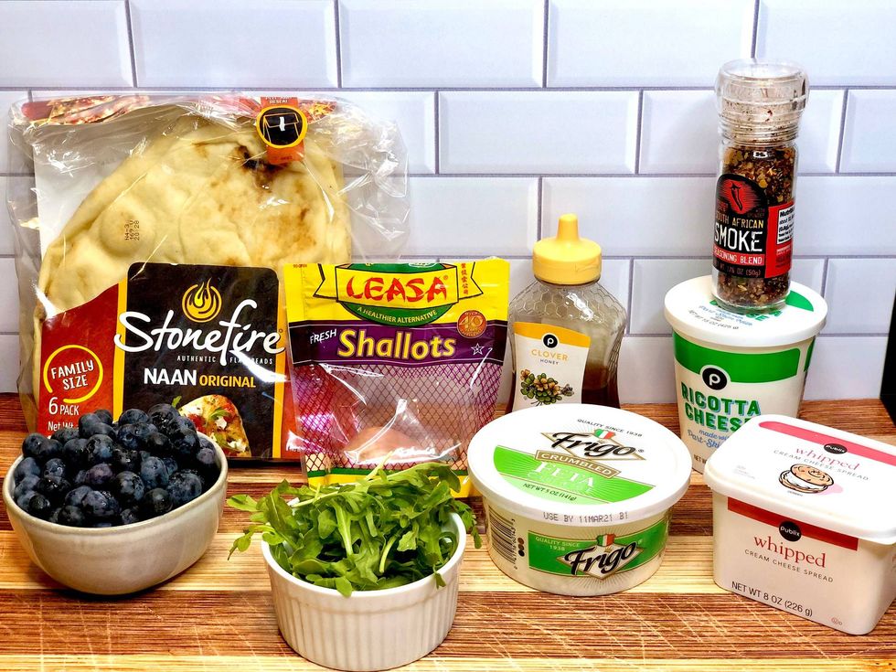 Naan Flatbread with Crispy Caramelized Shallots and Blueberries