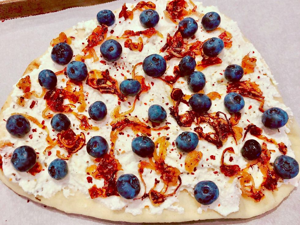 Naan Flatbread with Crispy Caramelized Shallots and Blueberries