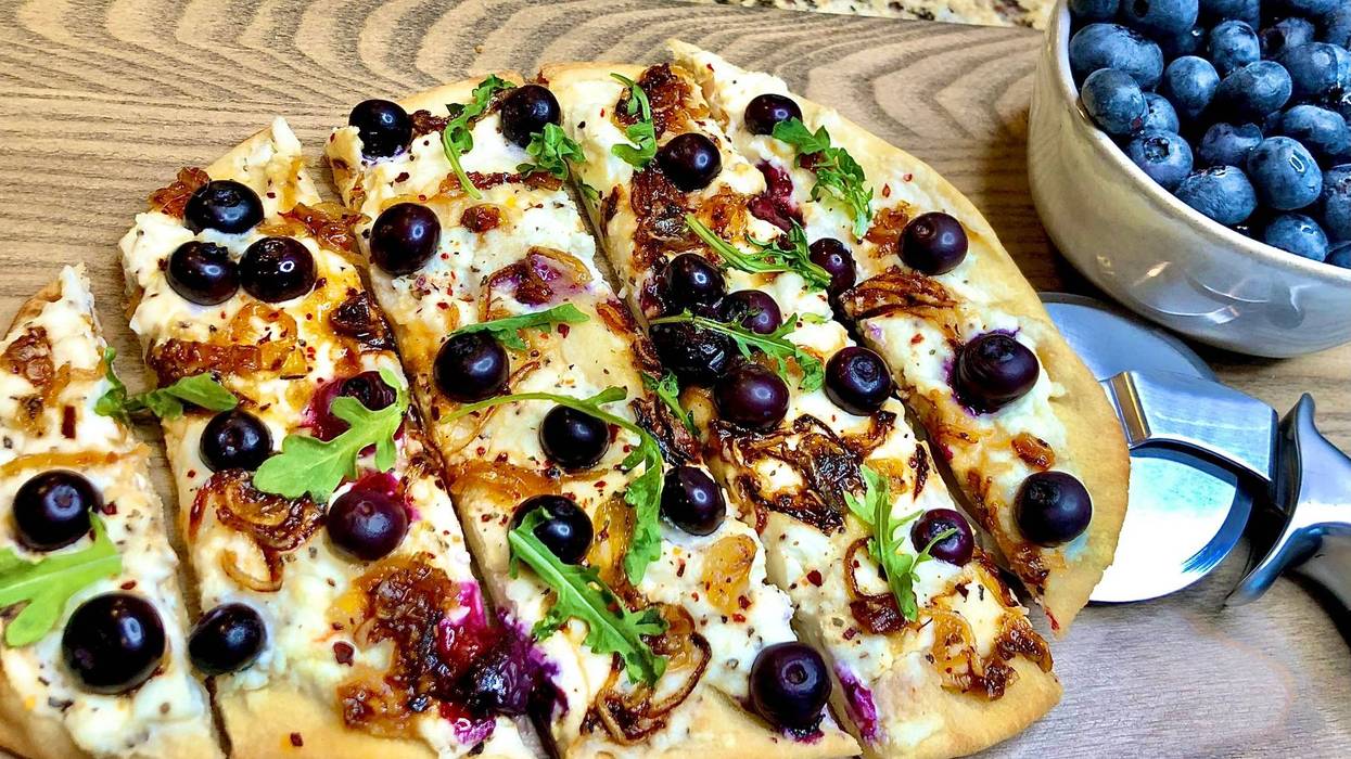 Naan Flatbread with Crispy Caramelized Shallots and Blueberries