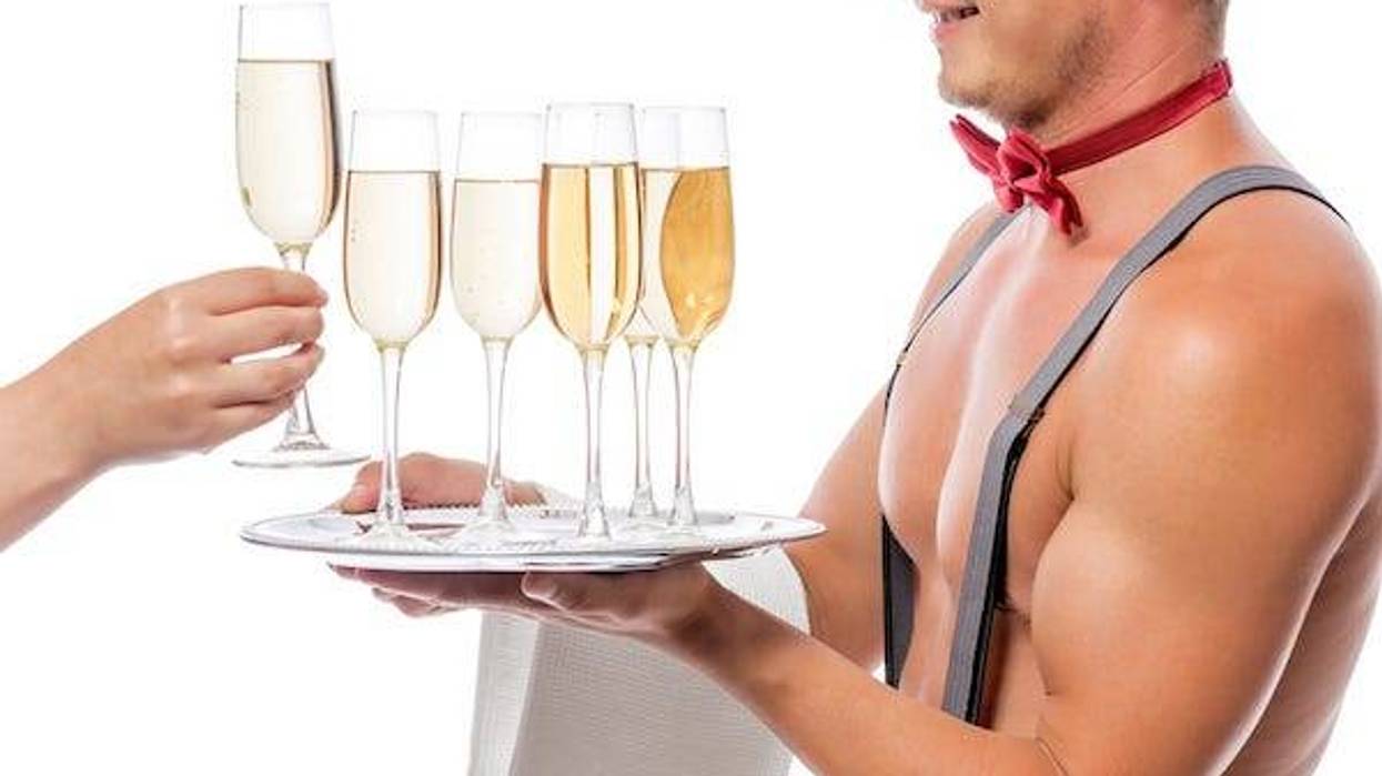 Naked waiter with tray of champagne