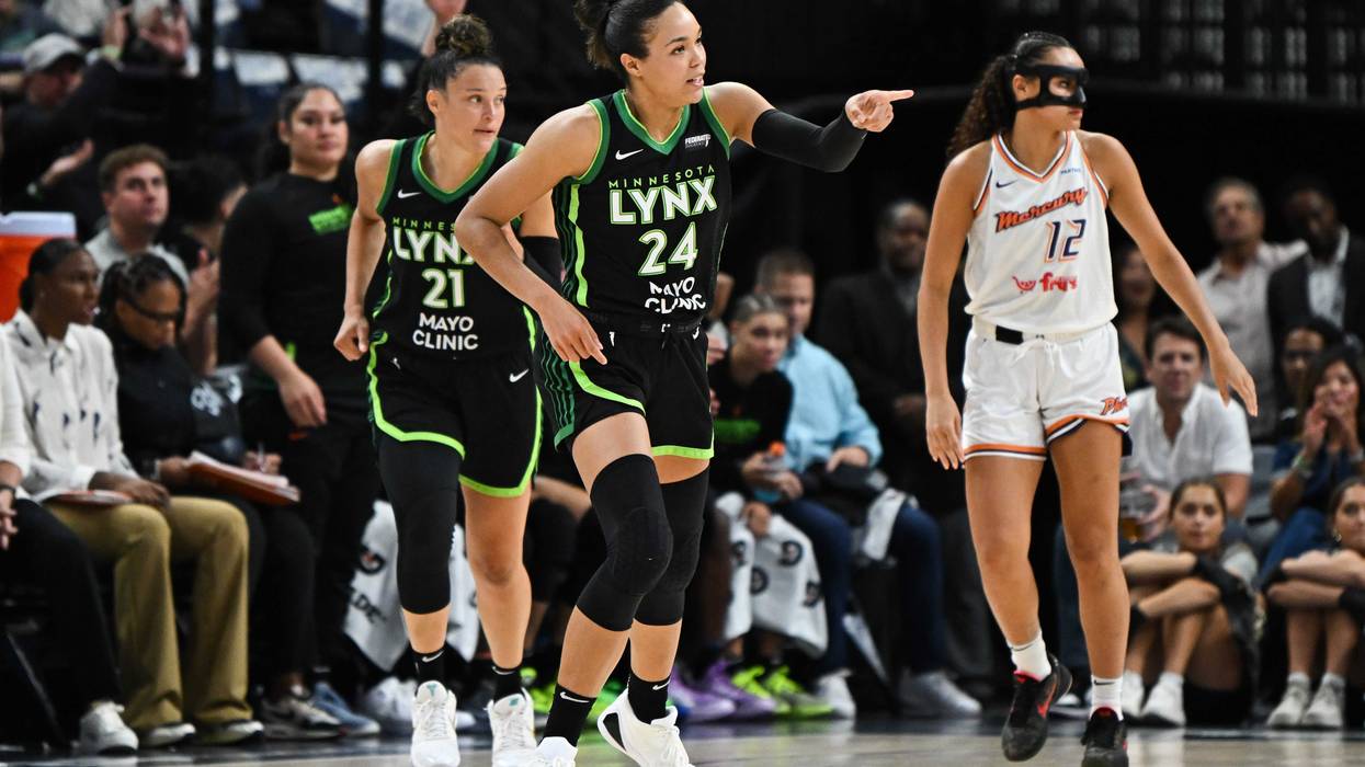 Napheesa Collier #24 of the Minnesota Lynx after making a three-point shot in the second quarter in Game Two of Round One of the WNBA Playoffs against the Phoenix Mercury at Target Center.