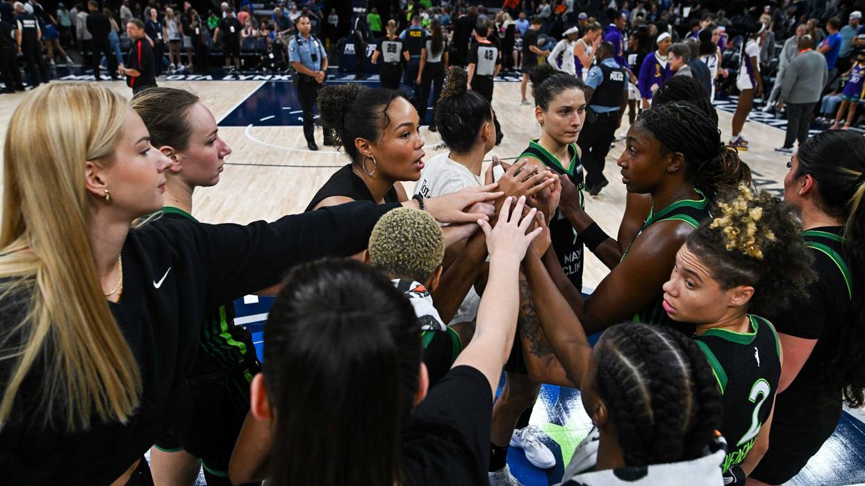 Napheesa Collier #24 of the Minnesota Lynx huddles with her team after the game against the Los Angeles Sparks at Target Center on September 19, 2024 in Minneapolis, Minnesota.
