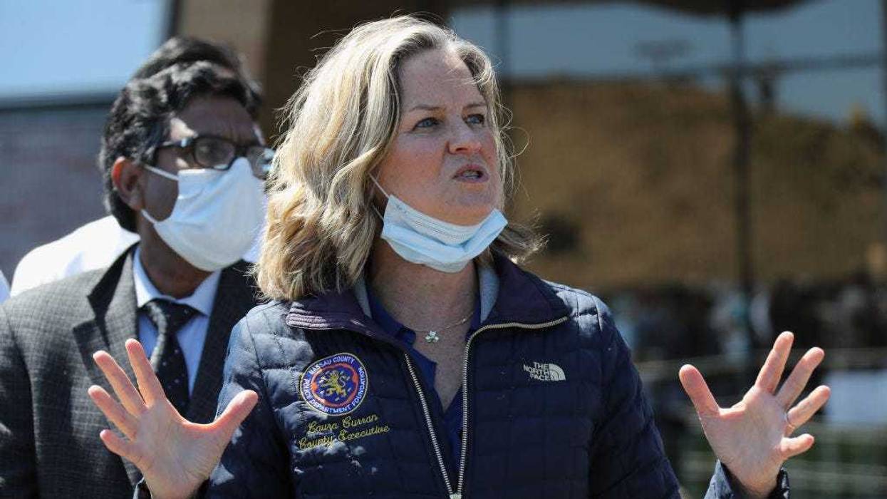Nassau County Executive Laura Curran addresses frontline hospital workers at Mount Sinai South Nassau Hospital as first responders including the Nassau County Police Department's 'Pipes & Drums' salute them on May 13, 2020 in Oceanside, New York.