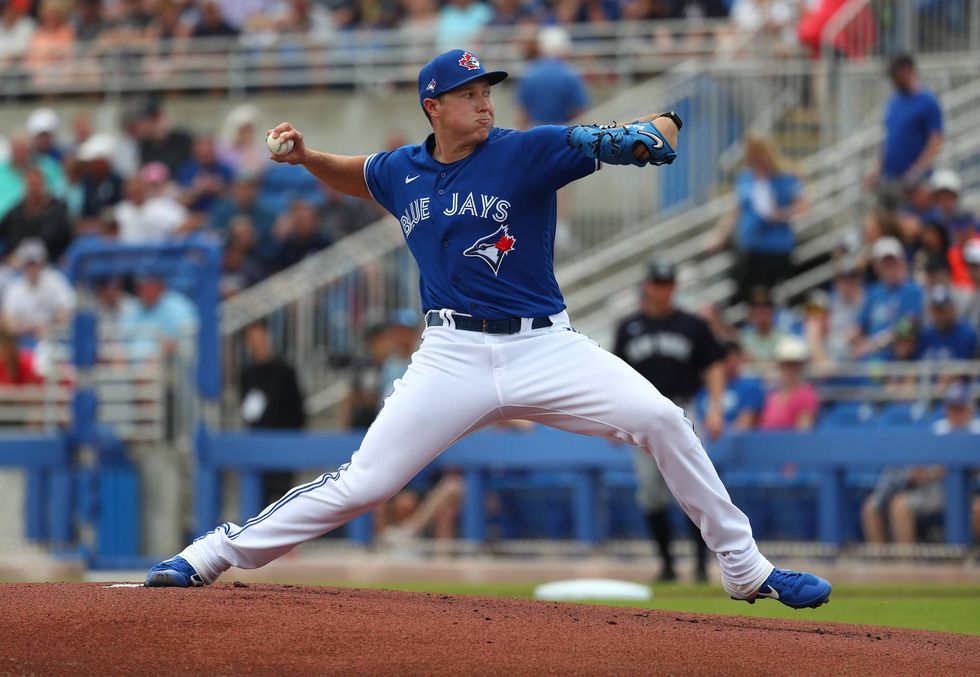 Nate Pearson fires away in a spring training game with the Blue Jays.