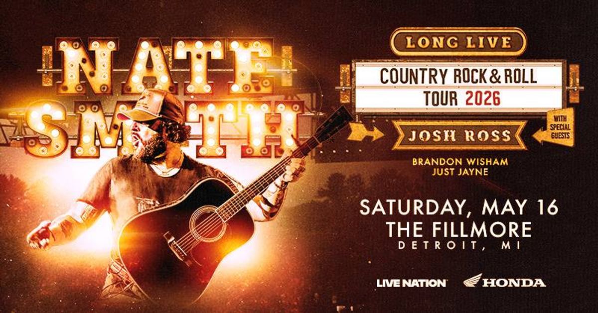 Nate Smith concert poster for Long Live Country Rock & Roll Tour 2026, May 16, Fillmore Detroit.