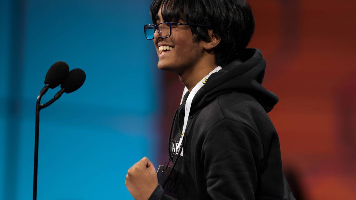 NATIONAL HARBOR, MARYLAND - MAY 28: Faizan Zaki, 13, of Dallas, Texas celebrates after correctly spelling his word in the semifinals of the 2025 Scripps National Spelling Bee at the Gaylord National Resort and Convention Center on May 28, 2025 in National Harbor, Maryland. 243 spellers from all over the globe ages 8 to 14 compete from May 27 to May 30, 2025 during the 100th anniversary of the bee. (Photo by Kayla Bartkowski/Getty Images)