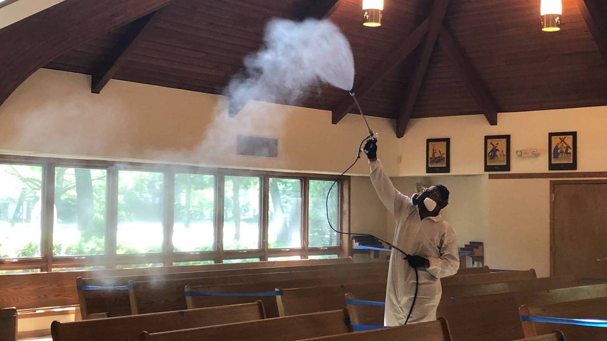 National Restoration wet-fogs a New Jersey church preparing to open after stay-at-home orders are lifted in the state.