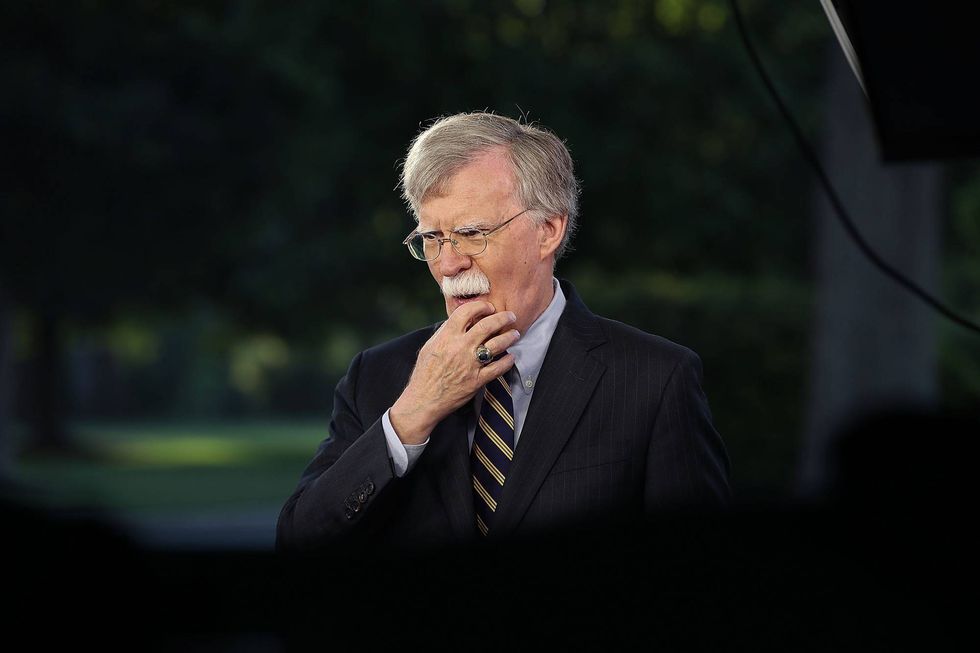 National Security Adviser John Bolton speaks on a morning television show from the grounds of the White House, on May 9, 2018 in Washington, DC.