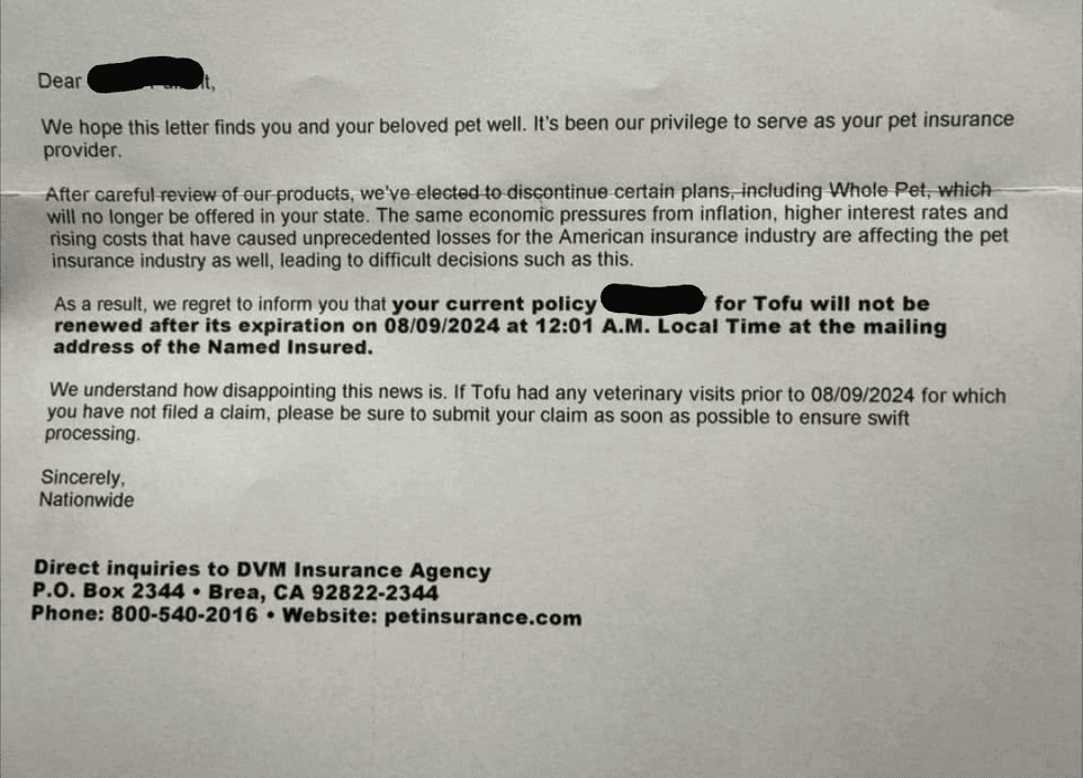 Nationwide pet insurance letter