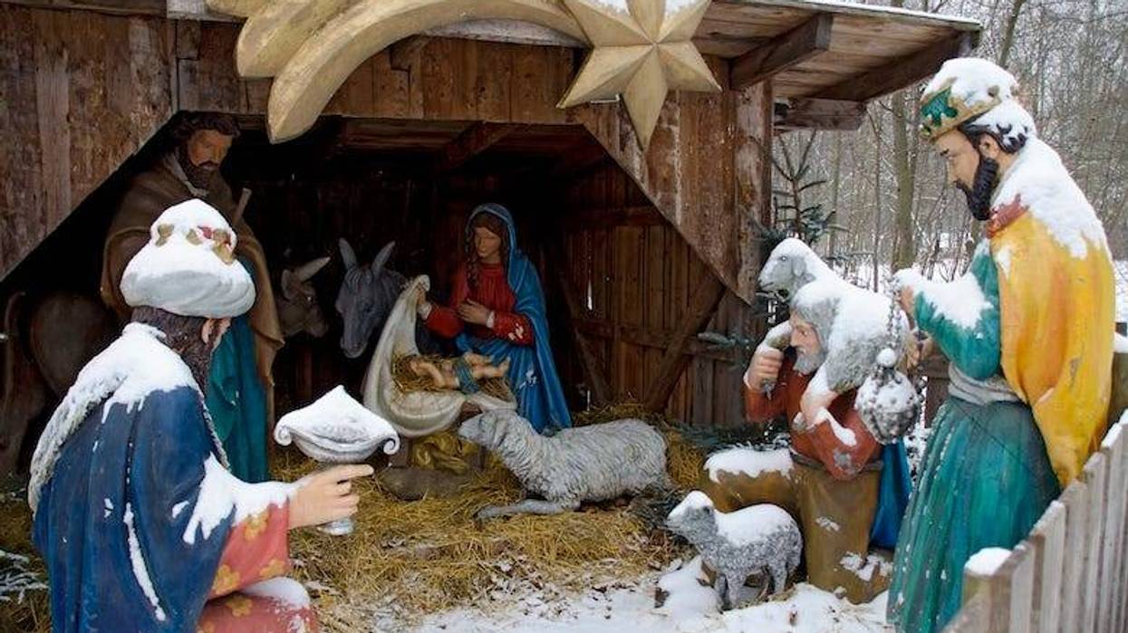 Nativity scene covered in snow