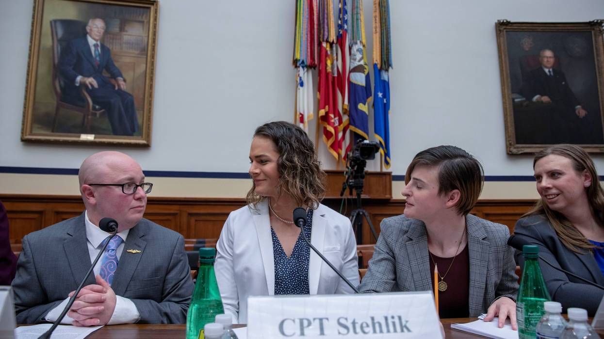Navy Lt. Commander Blake Dremann, Army Capt. Alivia Stehlik, Army Capt. Jennifer Peace and Army Staff Sgt. Patricia King at the Military Personnel Subcommittee hearing on "Transgender Service Policy." on Capital Hill on February 27, 2019 in Washington, DC. (Photo by Tasos Katopodis/Getty Images)
