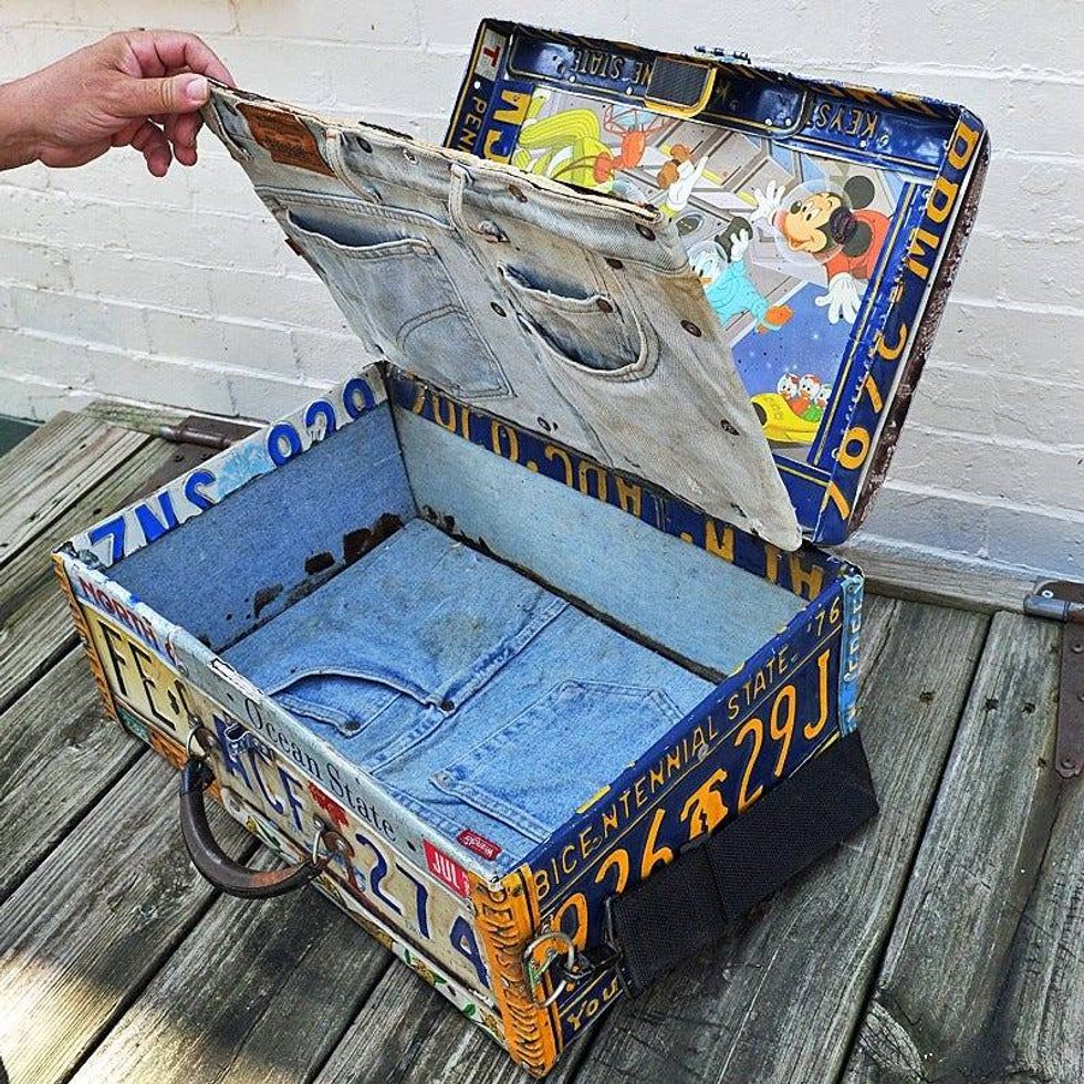 Neil Benson made this suitcase from polystyrene, license plates and denim jeans.