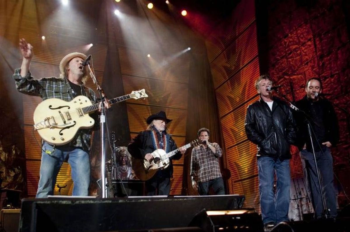 Neil Young, Willie Nelson, John Mellencamp and Dave Matthews perform on stage at Farm Aid 25