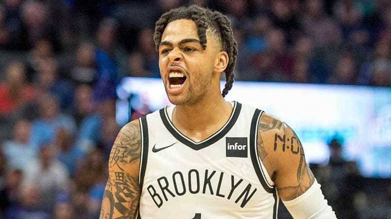 Nets guard D'Angelo Russell celebrates after making a fourth-quarter shot against the Kings on March 19, 2019, at the Golden 1 Center in Sacramento, California.