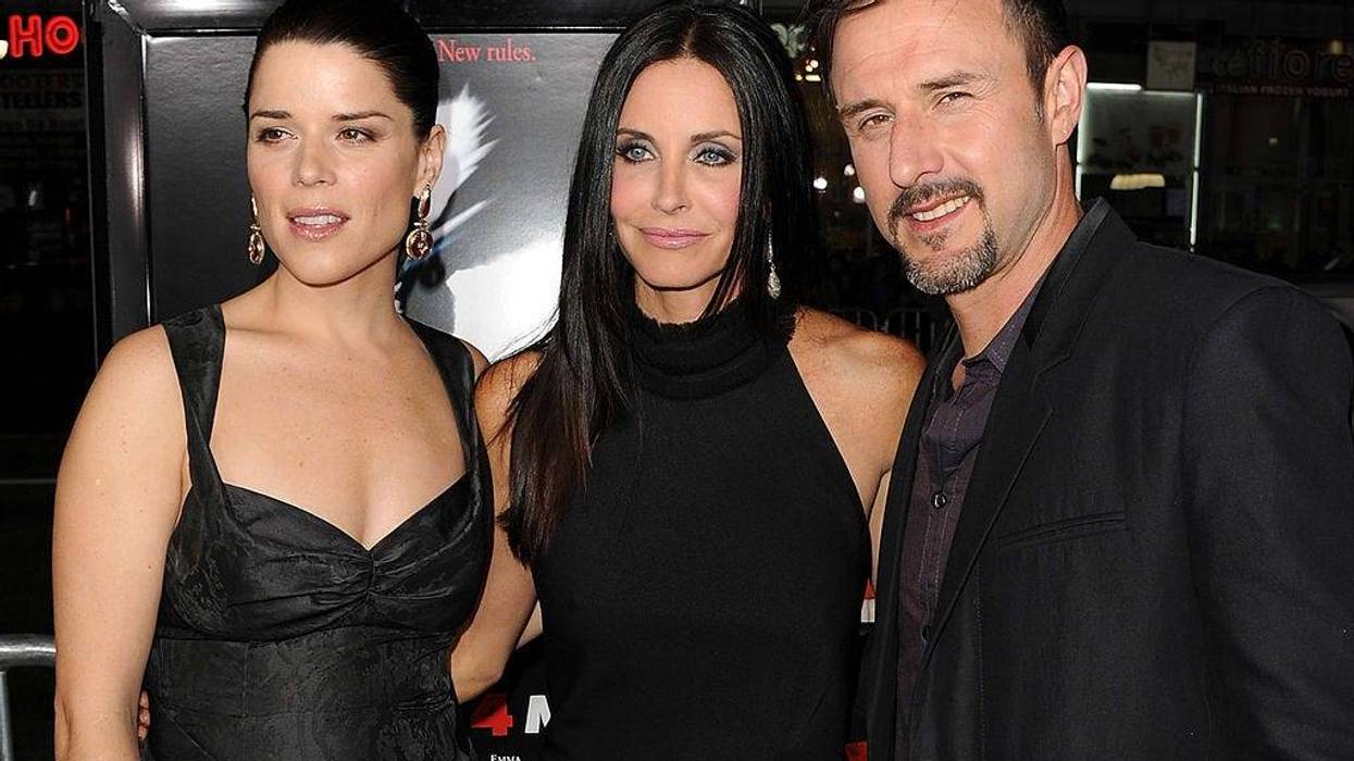 Neve Campbell, Courteney Cox, and David Arquette arrive at the premiere of The Weinstein Company's "Scream 4" Presented by AXE Shower held at Grauman's Chinese Theatre on April 11, 2011 in Hollywood, California