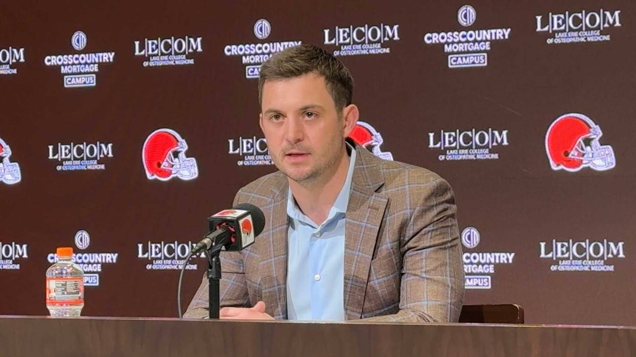 New Browns offensive coordinator Tommy Rees speaks with reporters during his introductory press conference on January 23, 2025.