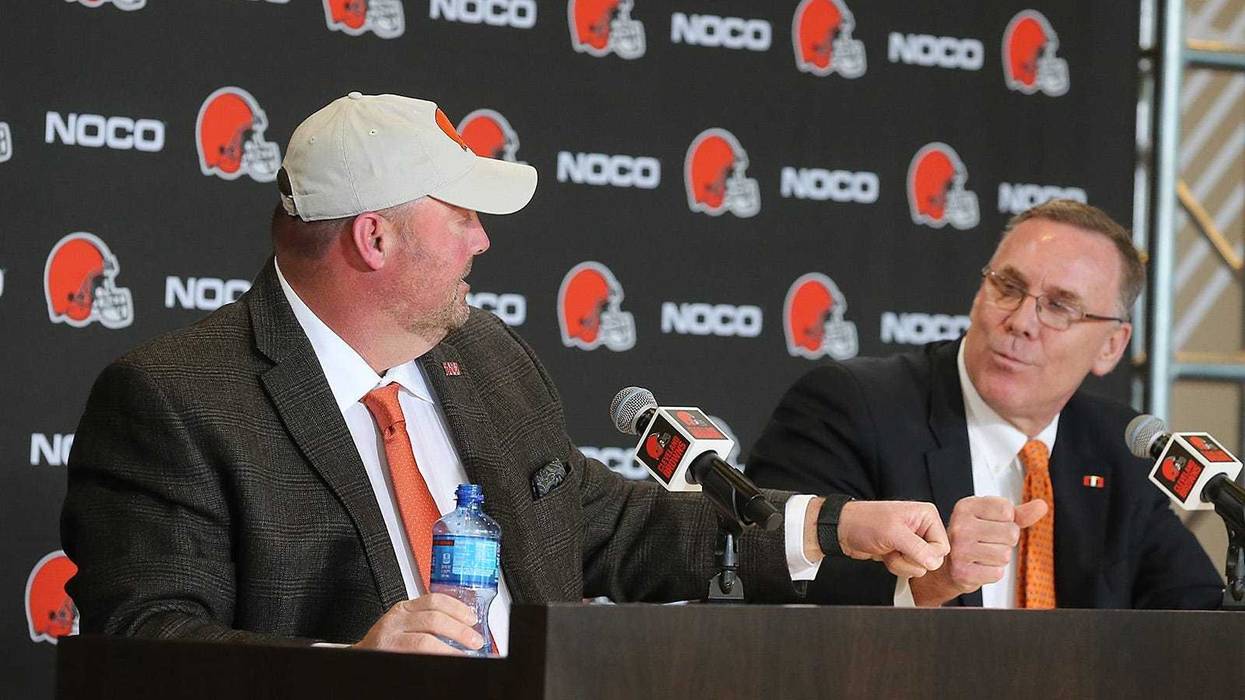New Cleveland Browns head coach Freddie Kitchens fist bumps General Manager John Dorsey during a press conference on Monday, Jan. 14, 2019 at FirstEnergy Stadium in Cleveland, Ohio. (Photo by Phil Masturzo/Akron Beacon Journal/TNS/Sipa USA)
