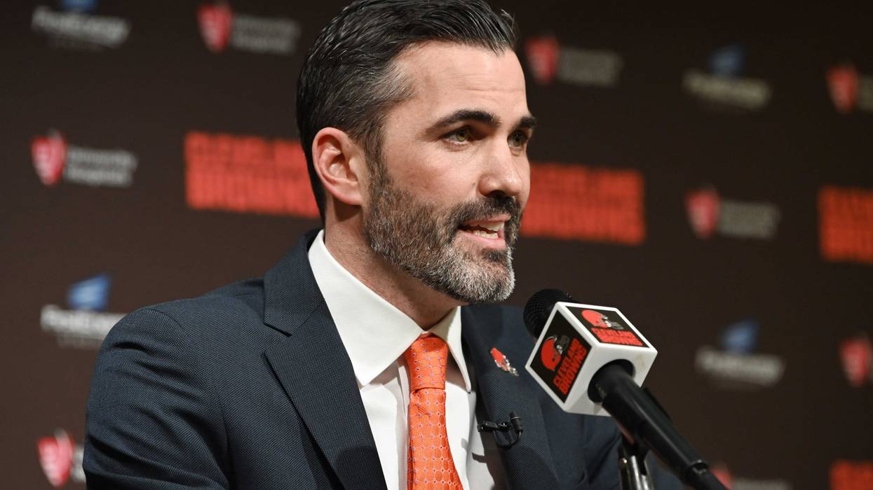 New Cleveland Browns head coach Kevin Stefanski speaks to the media during a press conference at FirstEnergy Stadium.