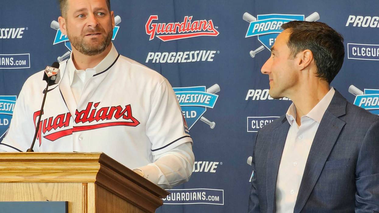 New Cleveland Guardians manager Stephen Vogt (left) and Guardians President of Baseball Operations Chris Antonetti (right) address the media in Vogt's introductory press conference.
